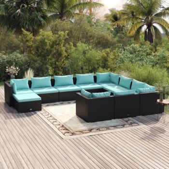 vidaXL Set mobilier de grădină cu perne, 11 piese, negru, poliratan