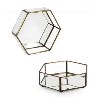 Cutie pentru depozitare cu capac, din sticla si metal Hexagonal Large Transparent / Alama, L20xl17xH6 cm