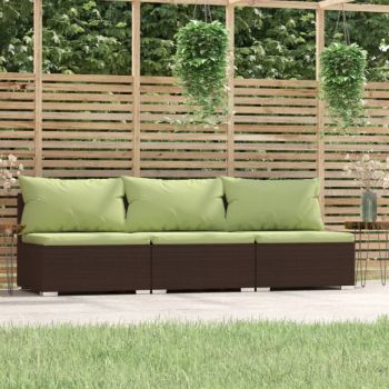 vidaXL Canapea de grădină cu 3 locuri, cu perne, maro, poliratan