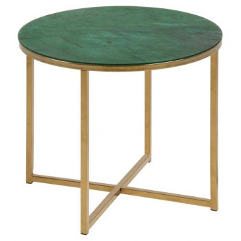 Masa de cafea din sticla si metal, Alisma II Round Verde Inchis / Auriu, Ø50xH42 cm