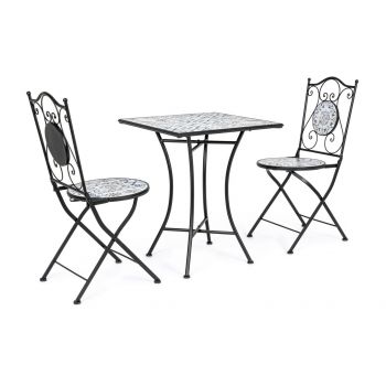 Set masa + 2 scaune pliabile pentru gradina / terasa, din ceramica si metal, Erice Square Multicolor / Negru, L60xl60xH75 cm