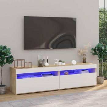 vidaXL Comode TV cu lumini LED,2 buc.,alb & stejar Sonoma, 75x35x40 cm