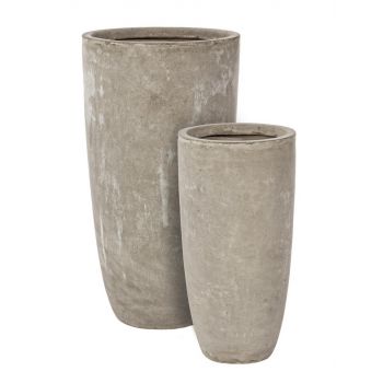 Set 2 ghivece din fibra de sticla si argila, Cement Round Grej, Ø42xH78 / Ø32xH62 cm