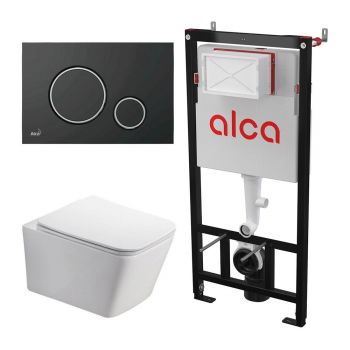 Set rezervor WC cu cadru incastrat Alcadrain AM101/1120 si clapeta M778 negru plus vas WC Fluminia Paris cu capac softclose FLMParisW+AM101/1120+M778