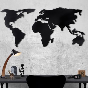 Decoratiune metalica de perete, World Map Silhouette Negru, l120xA2xH60 cm