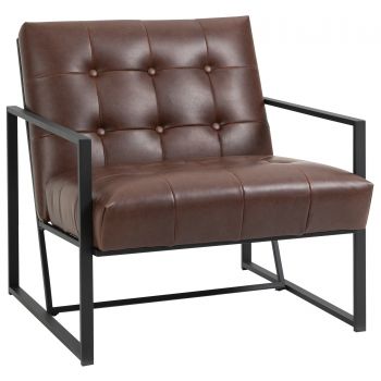 HOMCOM Fotoliu Stil Industrial Matlasat cu Nasturi, Mobilier Modern Fotoliu scaun din metal si PU, 62x74x78cm Maro 