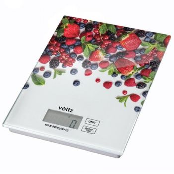 Cantar de bucatarie Voltz V51651E, Fructe de padure, 5 kg, CONTAINER, Sticla, Multicolor