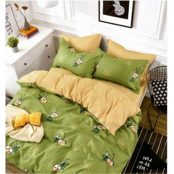 Lenjerie de pat cu 6 piese F025, material finet, Verde Motive albinute