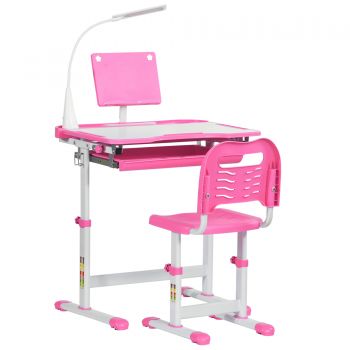 Banca scoala cu scaun HOMCOM pentru copii de 6-12 ani, inaltime reglabila, lampa LED, otel si MDF, roz | Aosom RO ieftin