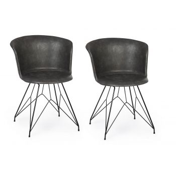 Set 2 scaune tapitate cu piele ecologica si picioare metalice Loft Gri Inchis / Negru, l56xA54xH76 cm