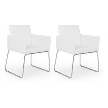 Set 2 scaune tapitate cu piele ecologica si picioare metalice Sixty Alb / Crom, l60xA54xH80,5 cm