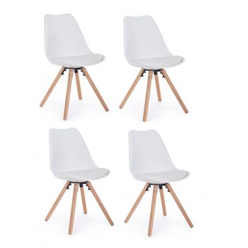 Set 4 scaune din plastic cu sezut tapitat cu piele ecologica si picioare din lemn, New Trend Alb / Natural, l54xA49xH83,5 cm