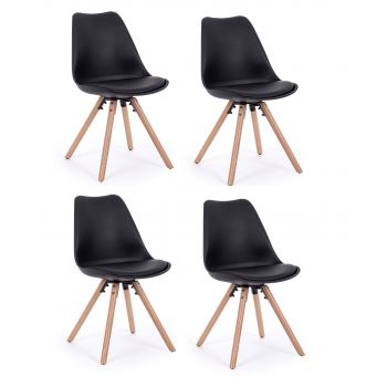 Set 4 scaune din plastic cu sezut tapitat cu piele ecologica si picioare din lemn, New Trend Negru / Natural, l54xA49xH83,5 cm