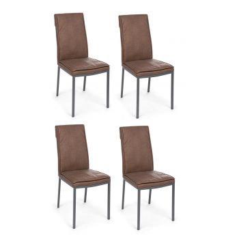 Set 4 scaune tapitate cu piele ecologica si picioare metalice Sofie Maro / Gri, l43xA59,5xH99,5 cm