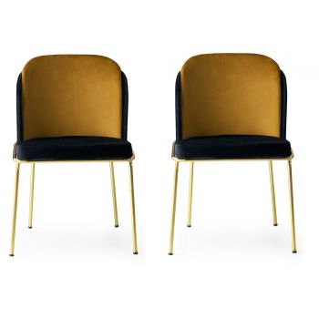 Set 2 scaune tapitate cu stofa si picioare metalice, Dore 102 Velvet Negru / Mustariu / Auriu, l54xA55xH86 cm