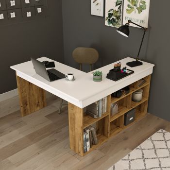 Masa de birou din pal, cu biblioteca, Tywin CT5-AW Alb / Natural, L120xl120xH72 cm