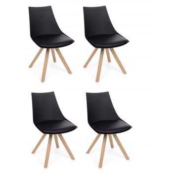 Set 4 scaune din plastic, sezut tapitat cu piele ecologica si picioare din lemn, Mayer Negru / Natural, l53xA47,5xH78,5 cm