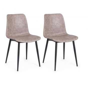 Set 2 scaune tapitate cu piele ecologica si picioare metalice Kyra Bej / Negru, l44xA50xH80 cm