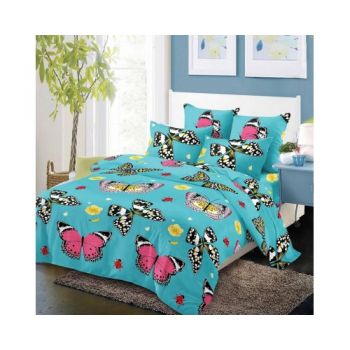 Lenjerie de pat cu 6 piese F045, material finet, Turquoise Motive fluturi multicolori