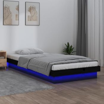 vidaXL Cadru de pat LED mic single 2FT6, negru, 75x190 cm, lemn masiv