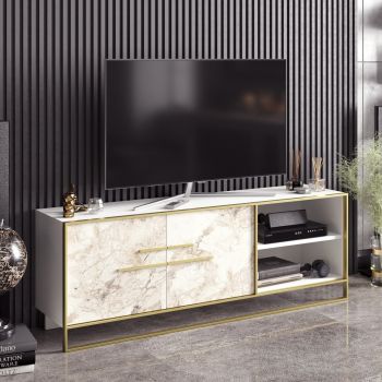 Comoda TV Polka, Zena Home, 160x38.5x56.6 cm, auriu/alb ieftina