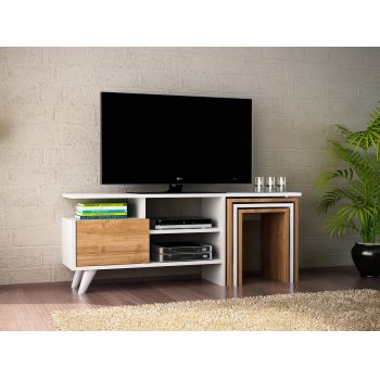 Mobilier pentru living Nature, Furny Home, comoda TV si 3 masute, 120x29.5x49 cm, alb/natural