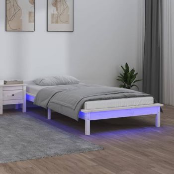 vidaXL Cadru de pat cu LED mic single 2FT6, alb, 75x190 cm, lemn masiv