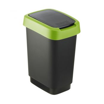 Cos gunoi plastic capac batant negru-verde Rotho Twist 10 L la reducere