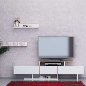 Comoda TV cu 2 rafturi Ekol, Decorotika, 164x30x40 cm, alb/bej ieftina