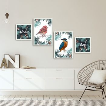 Set 4 tablouri decorative, Alpha Wall, Birds, 30x30/35x50 cm
