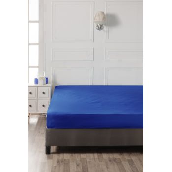 Cearceaf de pat cu elastic, 140x190 cm, 100% bumbac ranforce, Patik, Dark Blue, albastru inchis
