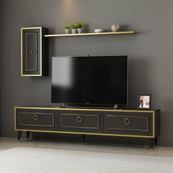Comoda TV cu dulap de perete si polita Vals, Arnetti, 180 x 45.5 cm/30 x 62.5 cm/19 x 120 cm, negru/auriu ieftina