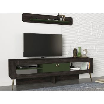Comoda TV cu raft de perete Milandra, Talon, 180 x 55 cm/120 x 19.5 cm, negru/verde ieftina