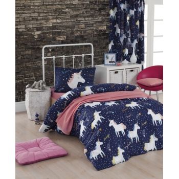 Lenjerie de pat pentru o persoana, 2 piese, 140x200 cm, amestec bumbac, Eponj Home, Magic Unicorn, albastru inchis