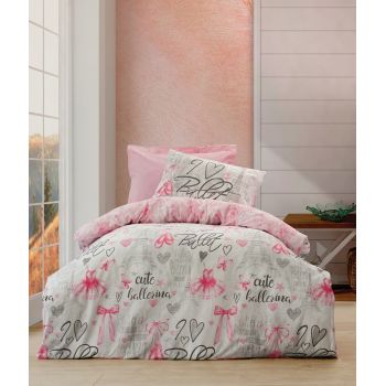 Lenjerie de pat pentru o persoana, 3 piese, 160x220 cm, 100% bumbac ranforce, Cotton Box, Ballerina, roz ieftina