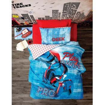 Lenjerie de pat pentru o persoana, 3 piese, 160x220 cm, 100% bumbac ranforce, Cotton Box, Game, albastru