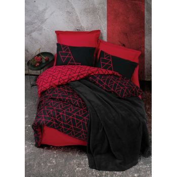 Lenjerie de pat pentru o persoana + patura, 4 piese, 160x220 cm, 100% bumbac ranforce, Cotton Box, Shadow, rosu claret