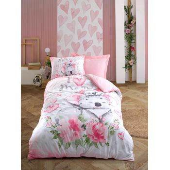 Lenjerie de pat pentru o persoana Young, 3 piese, 160x220 cm, 100% bumbac ranforce, Cotton Box, Koala, roz