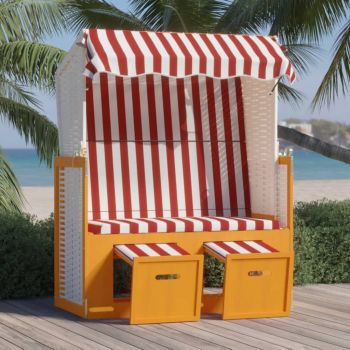 vidaXL Scaun de plajă cu baldachin,roșu&alb, poliratan și lemn masiv