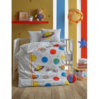 Lenjerie de pat pentru copii, 4 piese, 100x150 cm, 100% bumbac ranforce, Cotton Box, Gezegen, alb