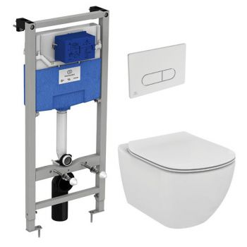 Set vas WC suspendat Ideal Standard Tesi Aquablade capac inchidere lenta si rezervor incastrat ProSys cu clapeta Oleas M1 crom ieftin