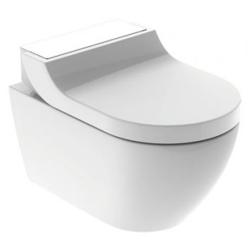 Set vas WC suspendat Geberit AquaClean Tuma Comfort capac inchidere lenta functie bideu electric ornament sticla alba