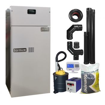 Pachet centrala termica pe peleti Termax Prime 25 kW cu kit cos fum, aspirator cenusa, stabilizator tensiune, un sac de peleti si termostat ambiental fara fir
