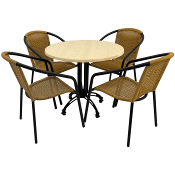 Set cafenea, masa rotunda D80cm AGMA HORECA MAPLE cu blat werzalit si baza neagra retro, 4 scaune TORO PVC ratan