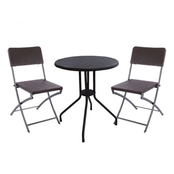 Set mobila pentru balcon RAKI masa D60xh74cm si 2 scaune pliante 57x44,5xh80,5cm, polyratan maro
