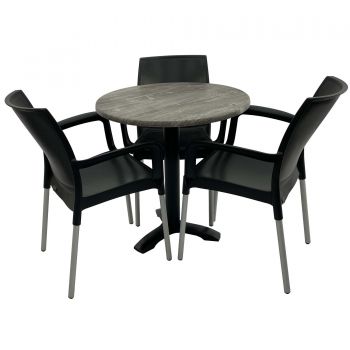 Set 3 scaune SUNSET negre si masa rotunda D70cm Raki Old Pine cu blat werzalit si picior metalic negru