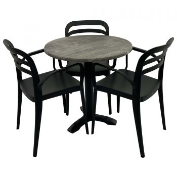 Set mobila de terasa, restaurant Raki Old Pine, masa rotunda D70cm cu blat werzalit si picior metalic negru, 3 scaune negre ASPENDOS cu brate