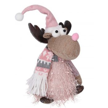 Decoratiune luminoasa Reindeer w patterned scarf, 14x22 cm, poliester, roz/gri