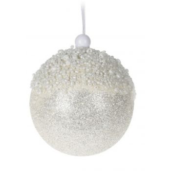 Glob Beads and glitter, Ø8 cm, polistiren, alb/argintiu