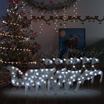 vidaXL Decor Crăciun cu reni și sanie, 140 LED-uri, argintiu, exterior